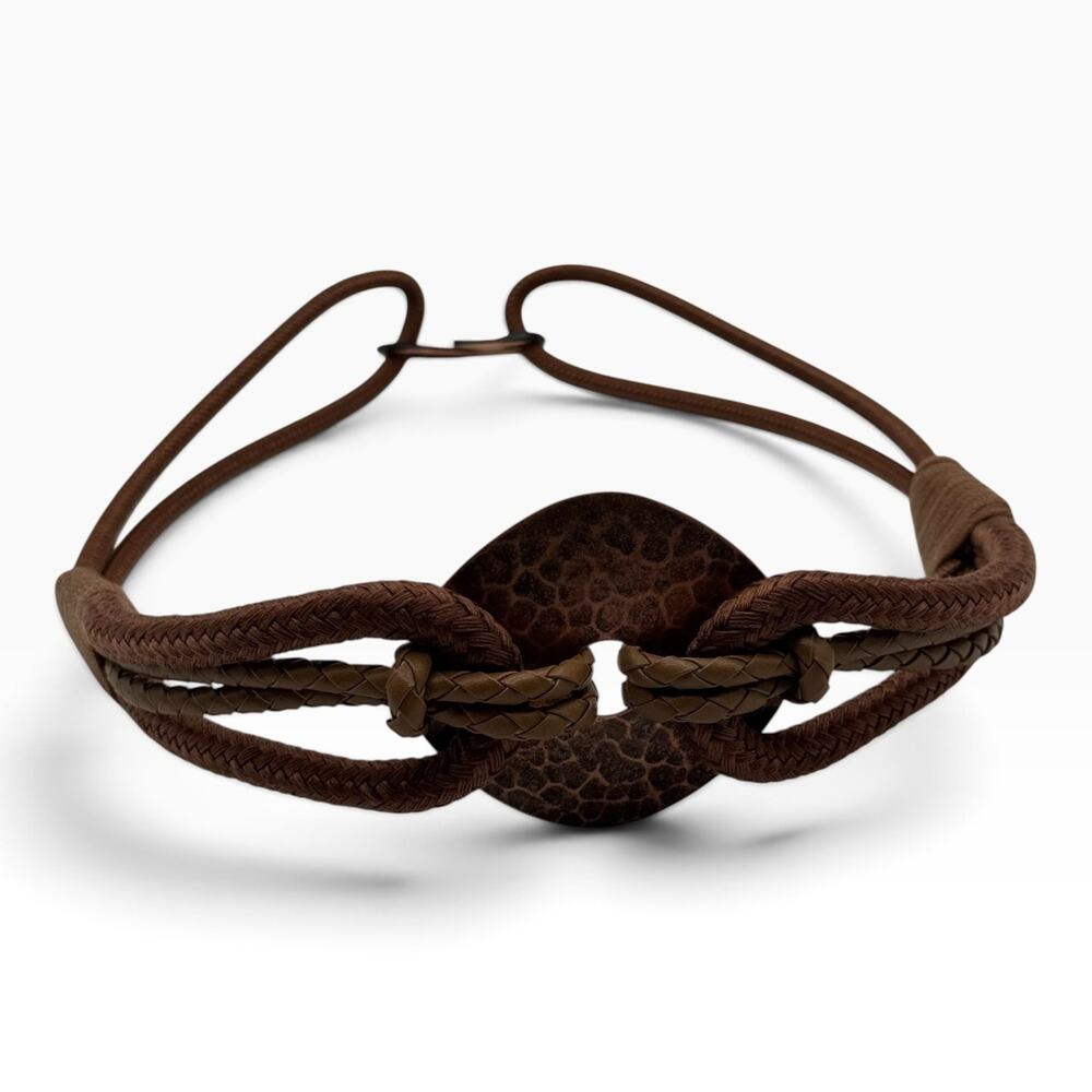 Vintage 80s Brown Braided Stretch Belt Copper Tone Medallion Boho Waist